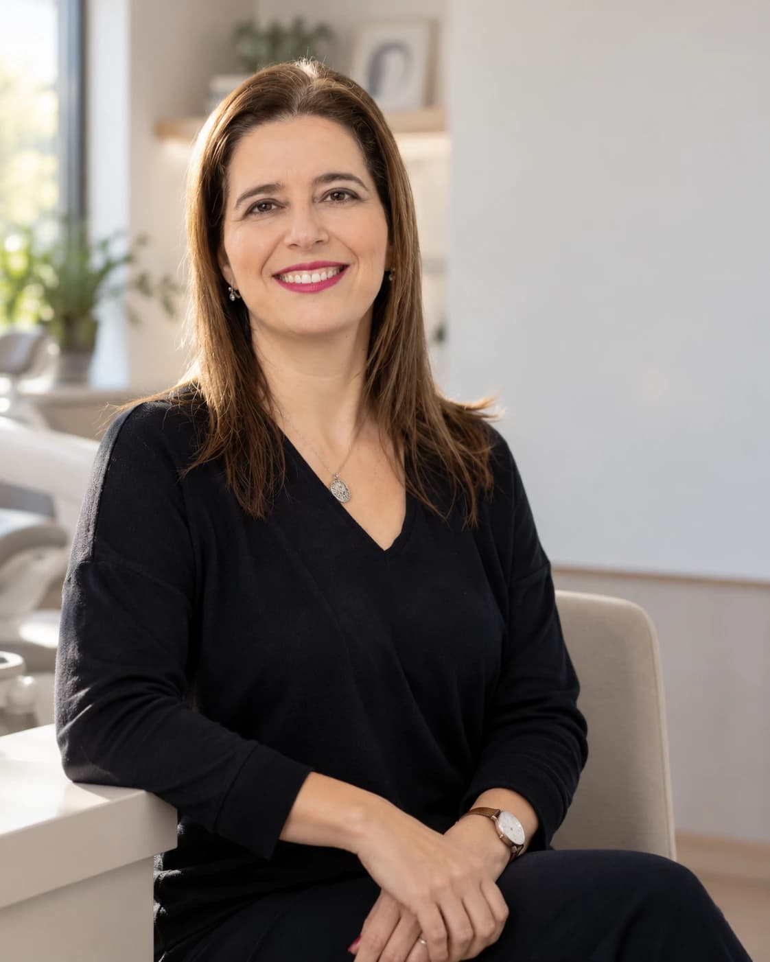 Dra. Joana Luísa Matos, médica dentista, sentada no consultório Ortocelos